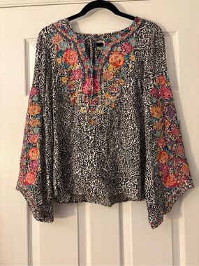 Savanna Jane Black & White Tunic with Pink, Orange & Turquoise Floral Embroidery